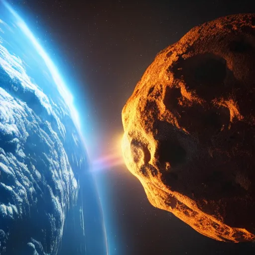 Image similar to an asteroid destroying earth as seen from space, hyperreal, 8 k, photo real, cinematic lighting, movie poster, movie concept art, sci - fi concept art, video game cinematic, rendered in unreal engine