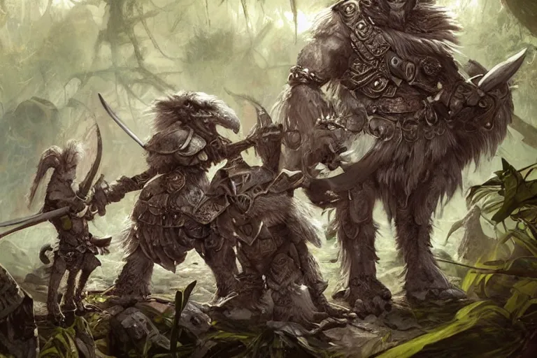 Prompt: dungeons and dragons fantasy painting, close order phalanx of feathered mice spartans, 3 0 0, whimsical and cute, aztec ashigaru. determined expressions, watery eyes, anime inspired, white fur, tufty whiskers, steel blades, in the jungle, by brain froud jessica rossier and greg rutkowski