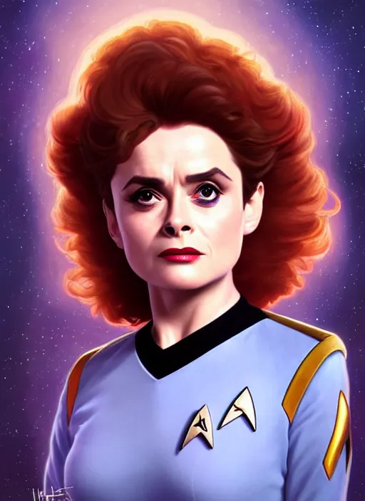 Image similar to cute star trek officer helena bonham carter, natural lighting, path traced, highly detailed, high quality, digital painting, by don bluth and ross tran and studio ghibli and alphonse mucha, artgerm