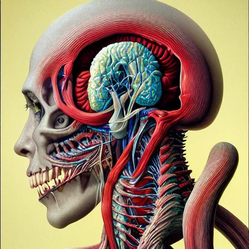 Image similar to nightmare etherreal iridescent vascular nerve bundles pearlescent spinal chord horror by naoto hattori, zdzislaw, norman rockwell, studio ghibli, anatomical cutaway