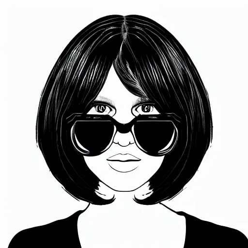 Prompt: woman with black short bob haircut, line eyes, square glasses, digital art