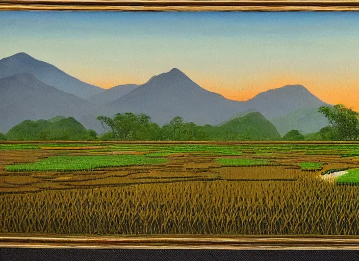 Image similar to painting of a rice paddy with two big mountains in the background, an asphalt road in the middle of paddy, big yellow sun rising between the mountain, old master masterpiece