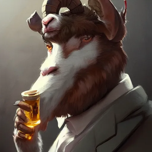 Image similar to award winning character art commission of an anthro furry humanoid goat smoking a cigar, three piece suit, character concept design, painting, detailed, vivid, trending on artstation, art by greg rutkowski