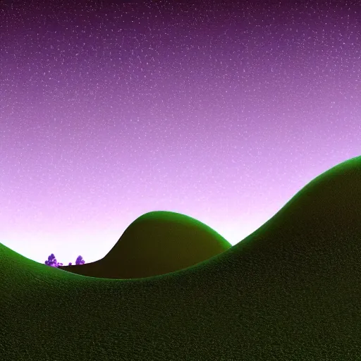 Image similar to a planet with purple rivers and blue trees, there are hills in the background of the image, realistic