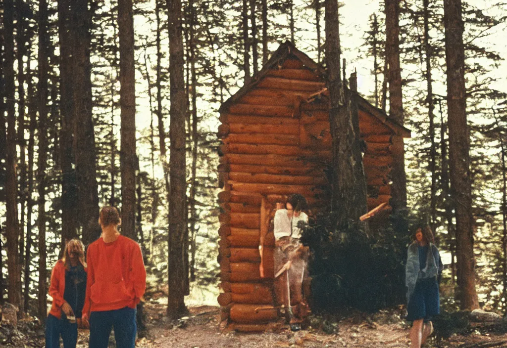 Image similar to lomo photo of two humans standing in front of a large cabin, cinestill, bokeh, out of focus, day, dramatic lighting