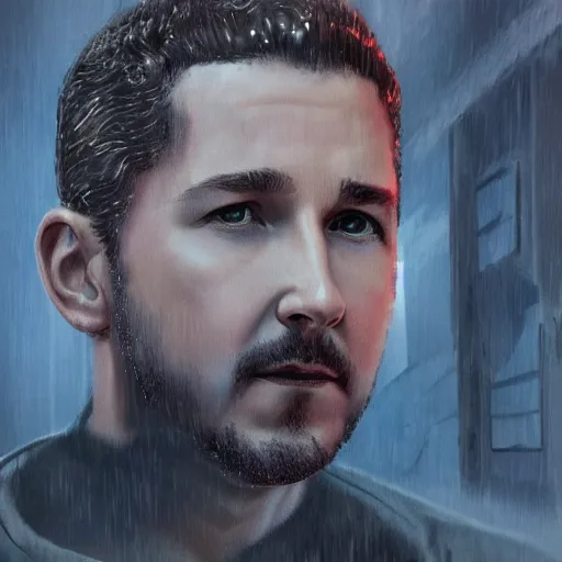 Prompt: epic digital matte paining shia labeouf in blade runner 2 0 4 9 by jama jurabaev and denis villeneuve, extremely detailed, artstation