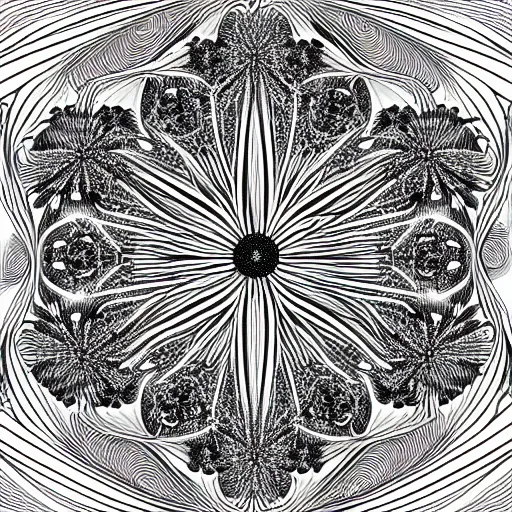 Prompt: a black and white drawing of a spherical flower, an illustration of by ernst haeckel, pixiv, generative art, fractalism, bioluminescence, biomorphic