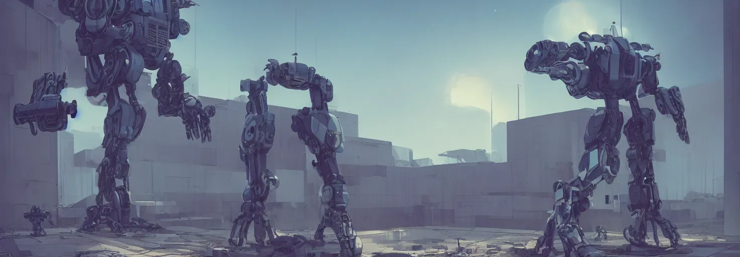 Image similar to an abandonded courtyard, giant robot mech, sci - fi, digital art by beeple h - 7 0 0