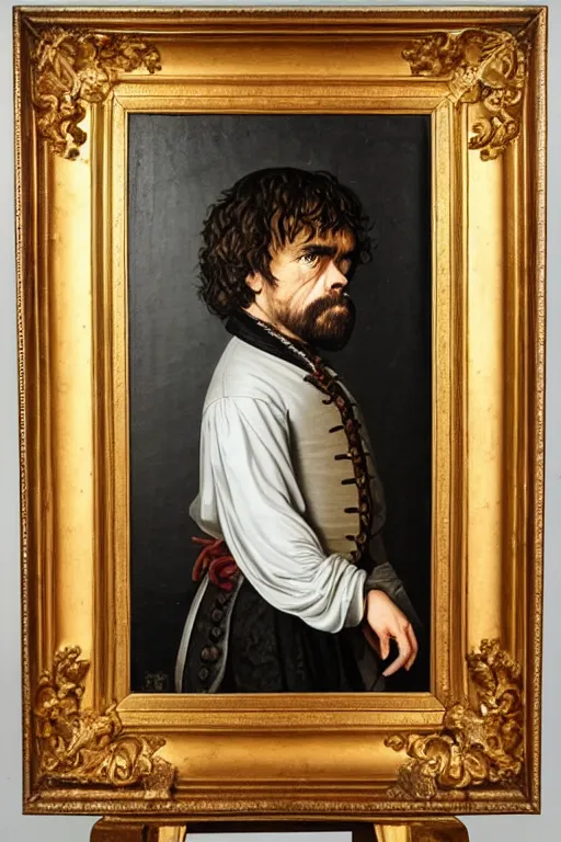 Image similar to a 1 6 0 0 s framed portrait painting of peter dinklage standing on a step stool, intricate, elegant, highly detailed