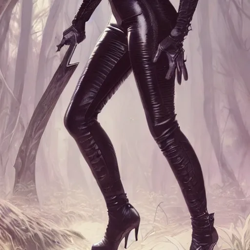 Prompt: full body portrait of a female wearing a skintight leather jacket holding a sword in a forest, large thighs, perfect face, beautiful! coherent!, intricate, elegant, highly detailed, digital painting, artstation, smooth, sharp focus, illustration, art by artgerm and greg rutkowski and alphonse mucha, 8 k