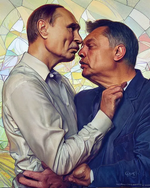 Prompt: portrait of Putin and Viktor orban kissing by Mandy Jurgens and Richard Schmid and chuck close and mucha