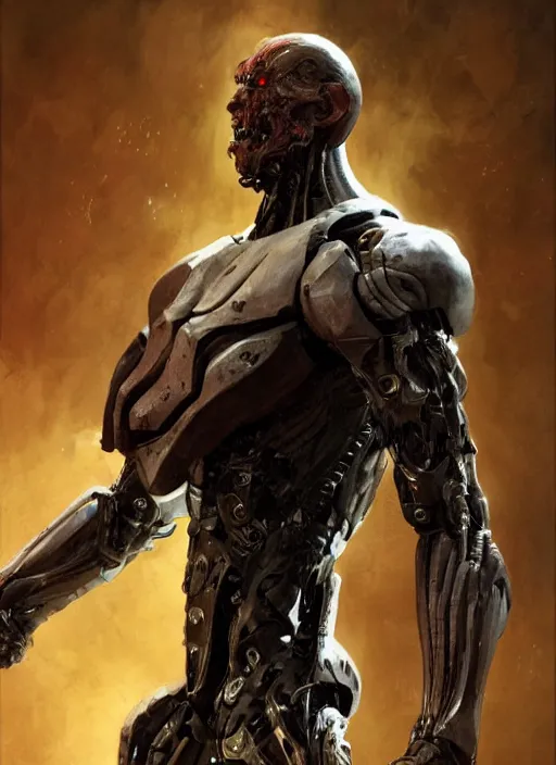 Image similar to willem dafoe as victor stone, full body concept, cyborg, borg, strogg, face of a man, terminator, flesh, quake strogg, doom demon, wolfenstein, monstrous, powerful, symmetry, symmetrical, concept art by ruan jia and greg rutkowski