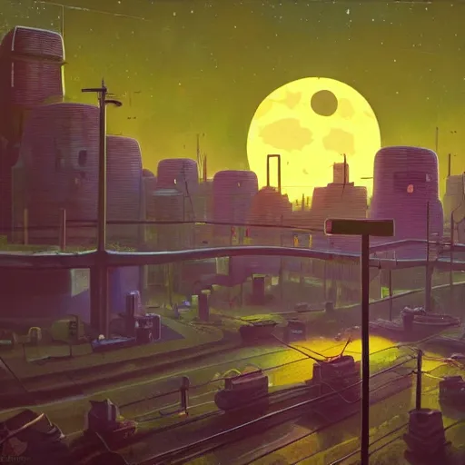 Prompt: An atom punk city with the moon shining through the clouds in utopia by Simon Stålenhag and Grant Wood,In style of 80s sci fi art.hyper detailed,4K,unreal engine 5,Ray Tracing,highly realistic.trending on Artstation