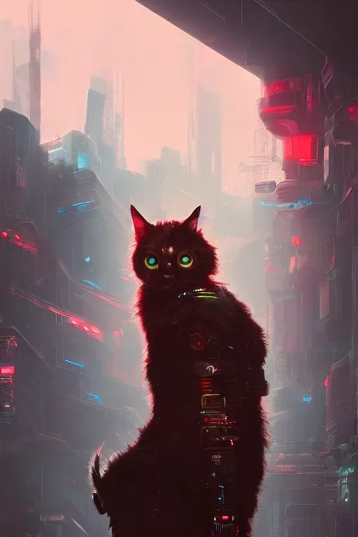 Image similar to A a very cute cyberpunk cat character, red hair, metal parts, glowing eyes, profile picture by Greg Rutkowski, Matte Painting, trending on the artstation