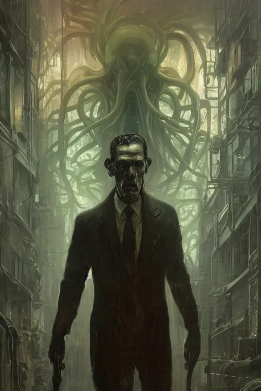 Image similar to , h p lovecraft with octopus tentacles and head of the cthulhu hyperrealistic portrait, bladerunner street, art of elysium by jeremy mann and alphonse mucha and greg rutkowski, fantasy art, photo realistic, dynamic lighting, artstation, poster, volumetric lighting, very detailed face, 4 k, award winning