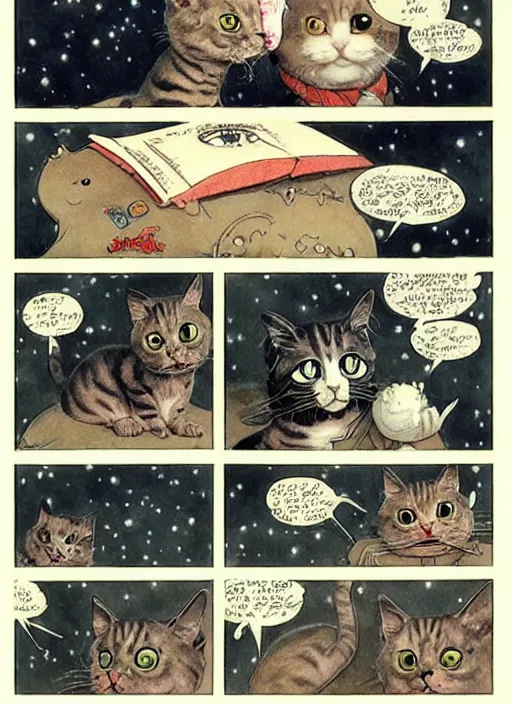 Image similar to a hyper realistic ink cat in a spaaceship 6 panel comic by chiara bautista and norman rockwell and greg rutkowski weta studio, and lucasfilm