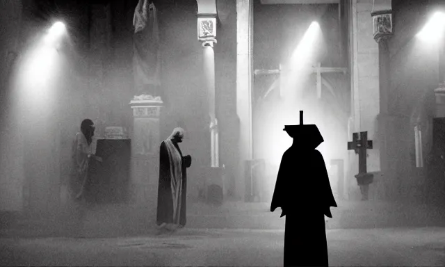 Image similar to a cultist ceremony, cultists with robes and masks, church interior, satanic church interior, the fog. horror lighting, found footage