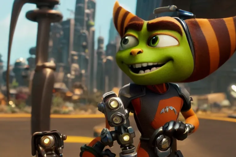 Prompt: vfx movie closeup, real life ratchet and clank by emmanuel lubezki