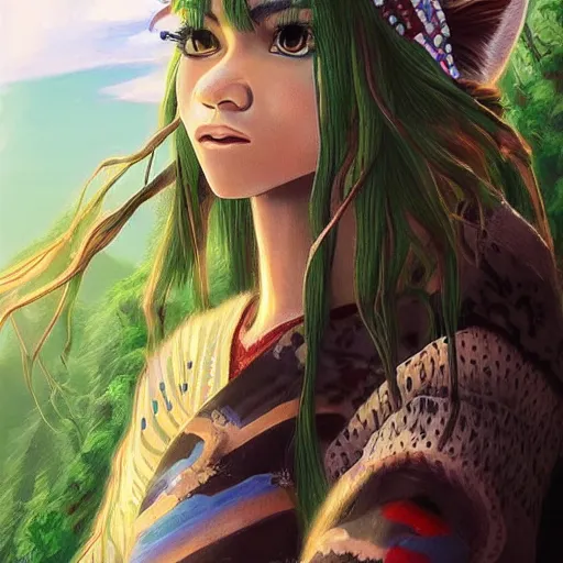 Image similar to “Zendaya, portrait!!! Mononoke-hime style, cartoon, blue sky with white clouds green hills and mountains on the background, fantasy, photorealistic, concept Art, ultra detailed portrait, 4k resolution”