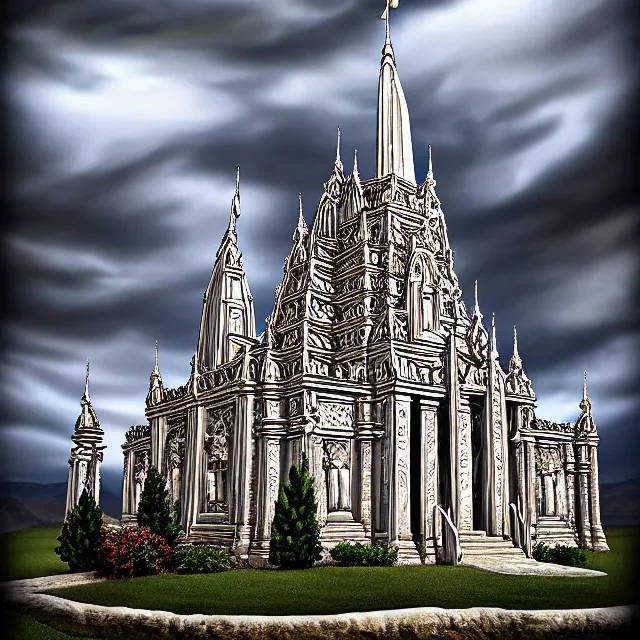 Prompt: beautiful!! castle temple anne stokes highly detailed 8 k hdr smooth sharp focus high resolution award - winning photo photorealistic chrome reflect