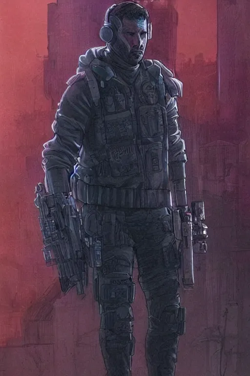 Prompt: ghost. Buff blackops mercenary in near future tactical gear and cyberpunk headset. Blade Runner 2049. concept art by James Gurney and Mœbius.