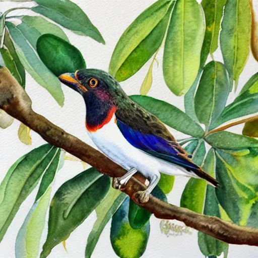 Image similar to A realistic watercolour painting of a Trogon in a wild avocado tree, watercolour, splattering