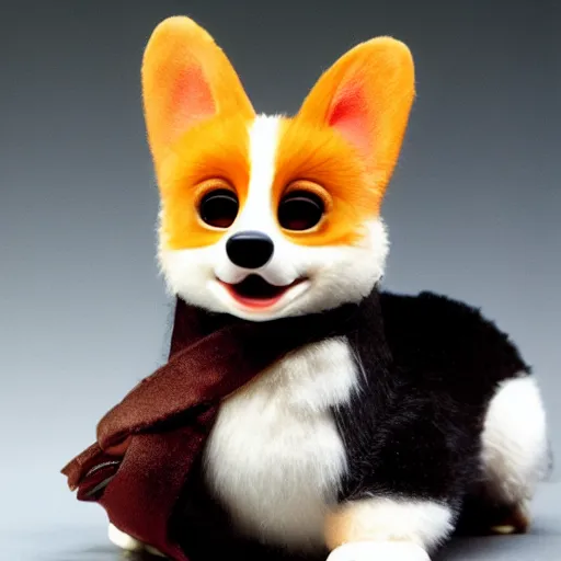 Image similar to a corgi furby toy, photographed by david lynch