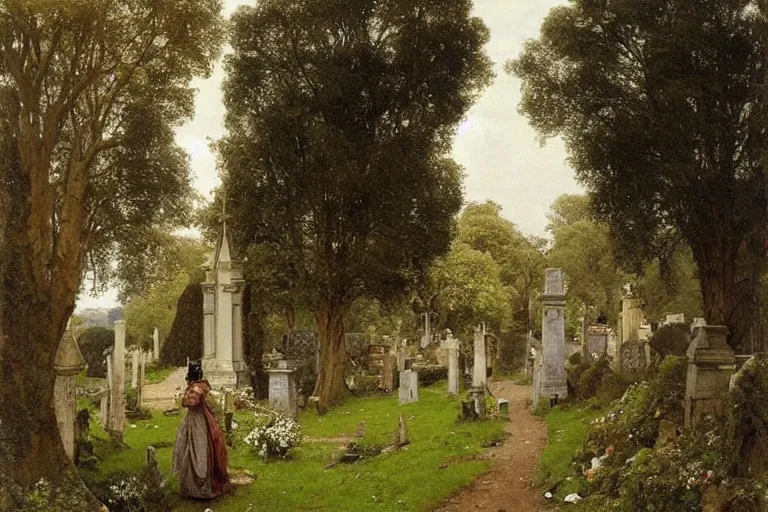 Image similar to a giant knight in armour and a slim woman wearing victorian dress walk through a cemetery on a path by a church in manchester england, overgrown, weeds and ivy on the graves, an old twisted tree, a tall stone wall, lawrence alma-tadema-H 1024