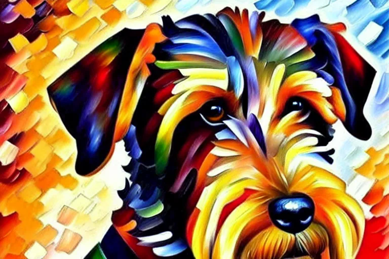 Image similar to portrait of airedale terrier. painting by leonid afremov