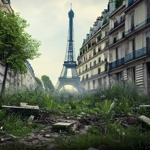 Prompt: overgrown paris in ruins, highly detailed, 4k, HDR, award-winning, artstation, octane render