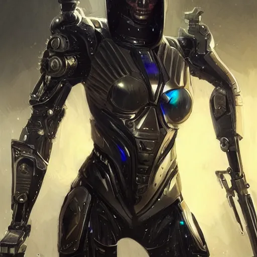 Prompt: vivd digital artwork of the galactic assassin, intricate black sharp iridescent hooded semi - cybernetic armour, beautiful iridescent technology and weapon, detailed realistic colors, character art by greg rutkowski and artgerm