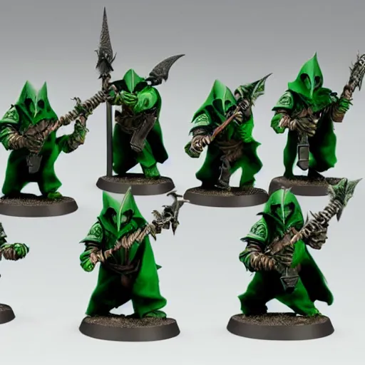 Prompt: night goblin wearing pointy hoods, warhammer fantasy, green skin