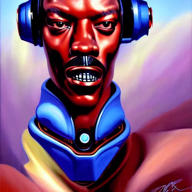 Prompt: a beautiful painting cyberpunk robot eddie murphy face, by boris vallejo realistic oil painting