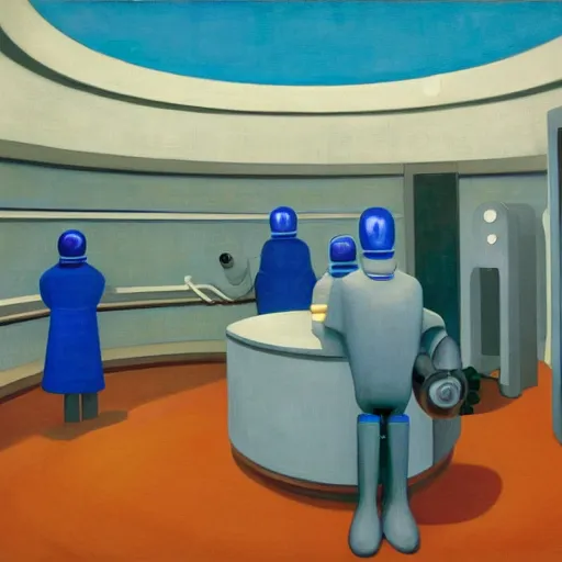 Image similar to robotic scientists in a dome - shaped control center, blue, teal, gray, black, grant wood, pj crook, edward hopper, oil on canvas