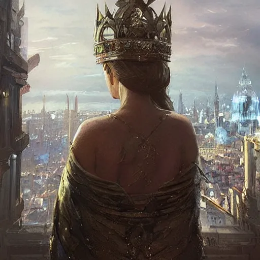 Image similar to a wizened queen looks down on her city from the palace balcony, fantasy art by greg rutkowski