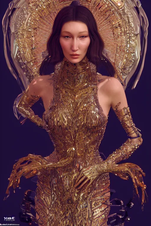 Image similar to a highly detailed render portrait of a beautiful alien goddess bella hadid in iris van herpen dress schiaparelli in diamonds in style of alphonse mucha trending on artstation made in unreal engine 4