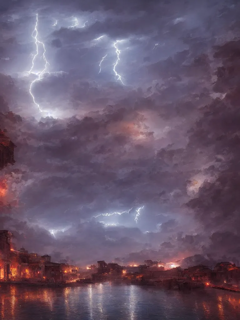 Image similar to epic scenery ancient city of troy under a sky full of lightning, intricate, elegant, volumetric lighting, digital painting, highly detailed, artstation, sharp focus, illustration, concept art, ruan jia, steve mccurry