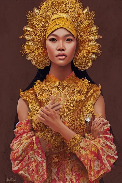 Image similar to portrait of a beautiful indonesian supermodels wearing traditional costume, highly detailed,!!! coherent hands!!!, digital painting, artstation, concept art, sharp focus, illustration, art by kittichai rueangchaichan and james gurney and alphonse mucha