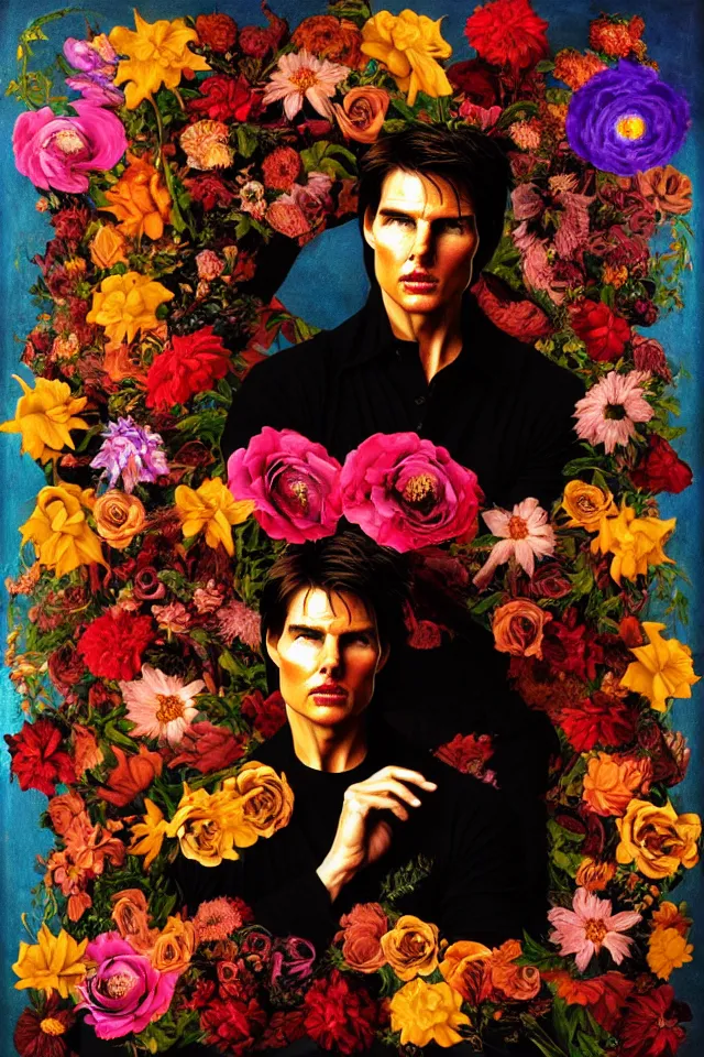 Prompt: bizarre surreal renaissance portrait of tom cruise as a box made out various flowers, dramatic cinematic lighting, bold colors, 8 k, beautiful intricate painting