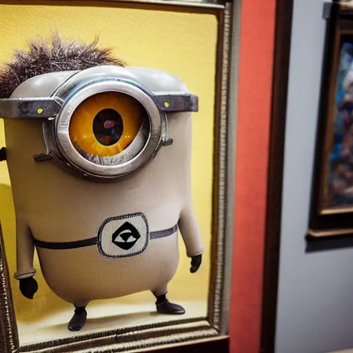 Prompt: photograph of a taxidermied minion in a museum