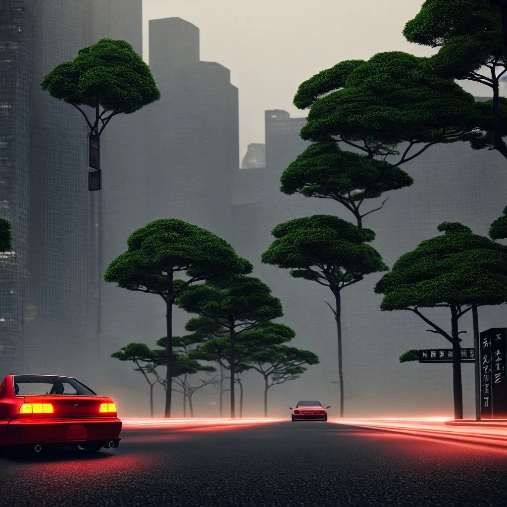 Image similar to car in center JZX100 twin turbo drift on a road, surrounded by trees and buidlings in Tokyo prefecture, rooftops are Japanese architecture, city at sunset heavy mist over streetlights, cinematic lighting, photorealistic, detailed wheels, highly detailed, ASDF render