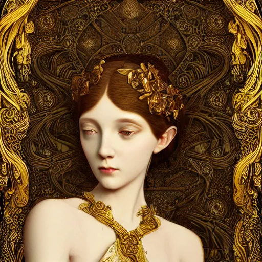 Image similar to a beautiful girl made of ivory and gold, highly intricate, digital art, very detailed, in the style of a weird and dark eerie liminal art nouveau flemish painting, 8k, octane render