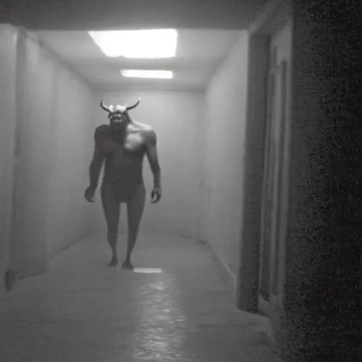 Image similar to hi - 8 night vision camera footage of a barely visible minotaur with red eyes in a dark hallway