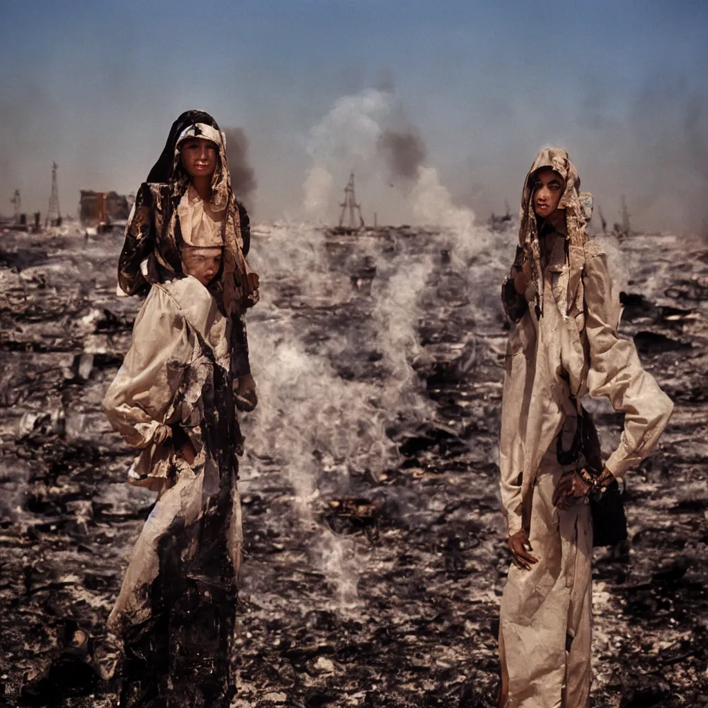 Image similar to portrait photograph fashion editorial in Kuwait oil fields fire. 1991. wide angle shot. highly detailed. depth of field. high definition. 8k. photography.