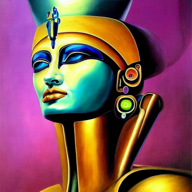 Prompt: a beautiful painting cyberpunk robot queen of egypt face, by salvador dali realistic oil painting