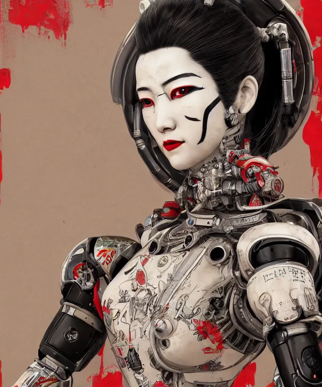 Image similar to an epic fantastic realism comic book style portrait painting of a japanese robotic geisha with kanji tattoos and decals, apex legends, octane render, intricate detail, 4 k hd, unreal engine 5, ex machina, irobot