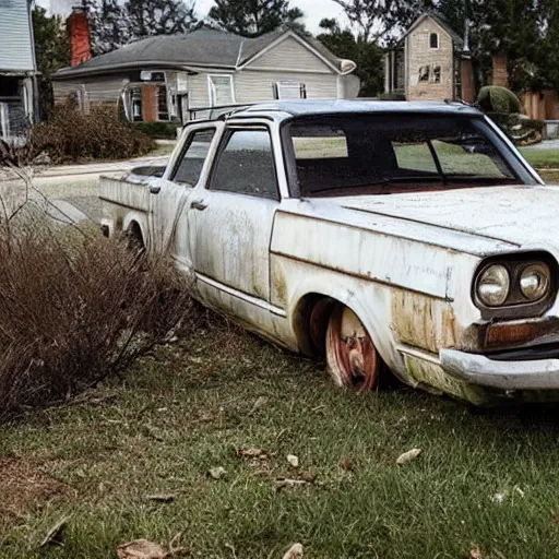 Prompt: an abandoned car in a suburban neighborhood from netflix show stranger things