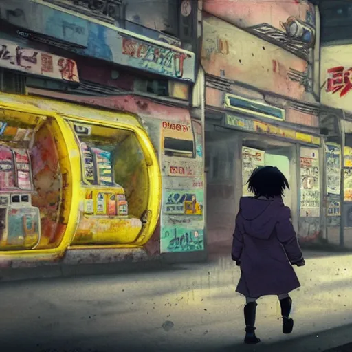 Image similar to incredible wide screenshot, ultrawide, simple watercolor, rough paper texture, ghost in the shell movie scene, backlit distant shot of girl in a parka running from a giant robot invasion side view, yellow parasol in deserted dusty shinjuku junk town, broken vending machines, bold graphic graffiti, old pawn shop, bright sun bleached ground, mud, fog, dust, windy, scary robot monster lurks in the background, ghost mask, teeth, animatronic, black smoke, pale beige sky, junk tv, texture, brown mud, dust, tangled overhead wires, telephone pole, dusty, dry, pencil marks, genius party,shinjuku, koji morimoto, katsuya terada, masamune shirow, tatsuyuki tanaka hd, 4k, remaster, dynamic camera angle, deep 3 point perspective, fish eye, dynamic scene