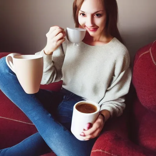 Prompt: photograph of a cute thin young woman, red blush, wearing casual clothes, small smile, relaxing on a couch, holding a steaming cup of coffee, cozy living room, medium shot, 8 k, trending on instagram, photorealistic, trending on pinterest, portra 4 0 0