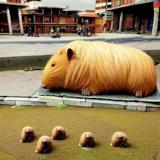 Prompt: A very oversized capybara is sitting on the middle of a miniature city. Shot from far away, detailed.